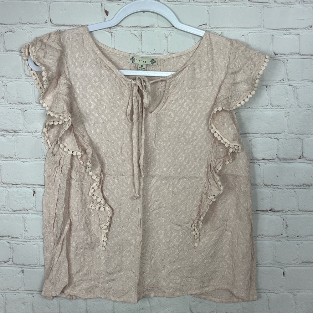 Iris pink ruffle sleeves rayon blouse shirt top boho, sz M
